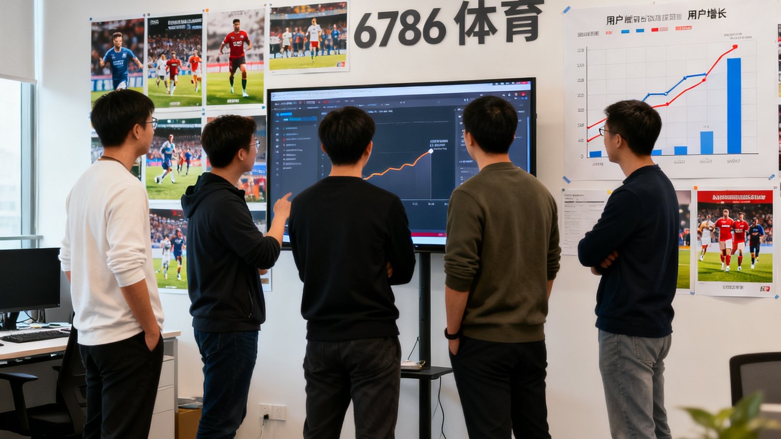 6686体育创始团队五人在现代化办公室内围绕大屏幕讨论产品方案，墙上贴满赛事海报和用户增长曲线图
