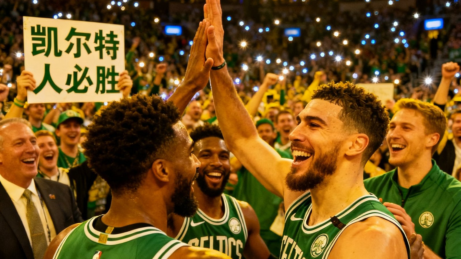 NBA季后赛东部决赛战报配图，凯尔特人球员在主场球迷欢呼中庆祝关键胜利